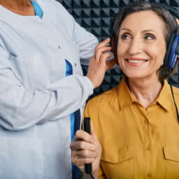 A woman sits and has her headphones adjusted by an audiologist while preparing for a hearing test.