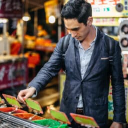 younger man in market looking at electronics - has visible hearing aid in ear