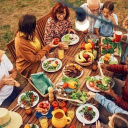 Top Down Elevated View at a Family and Friends Celebrating Outside at Home. Diverse Group of Children, Adults and Seniors Sitting at a Table, Having Fun Conversations. Eating Barbecue and Vegetables.